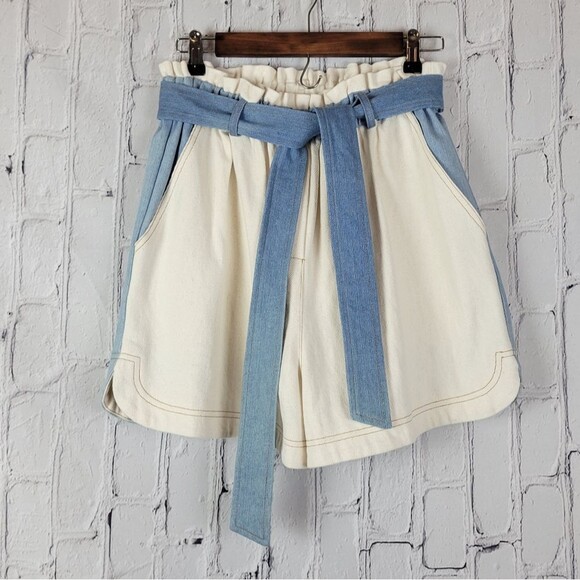 FRNCH Sylvia woven cream blue patchwork colorblock belted high rise shorts - Picture 6 of 14